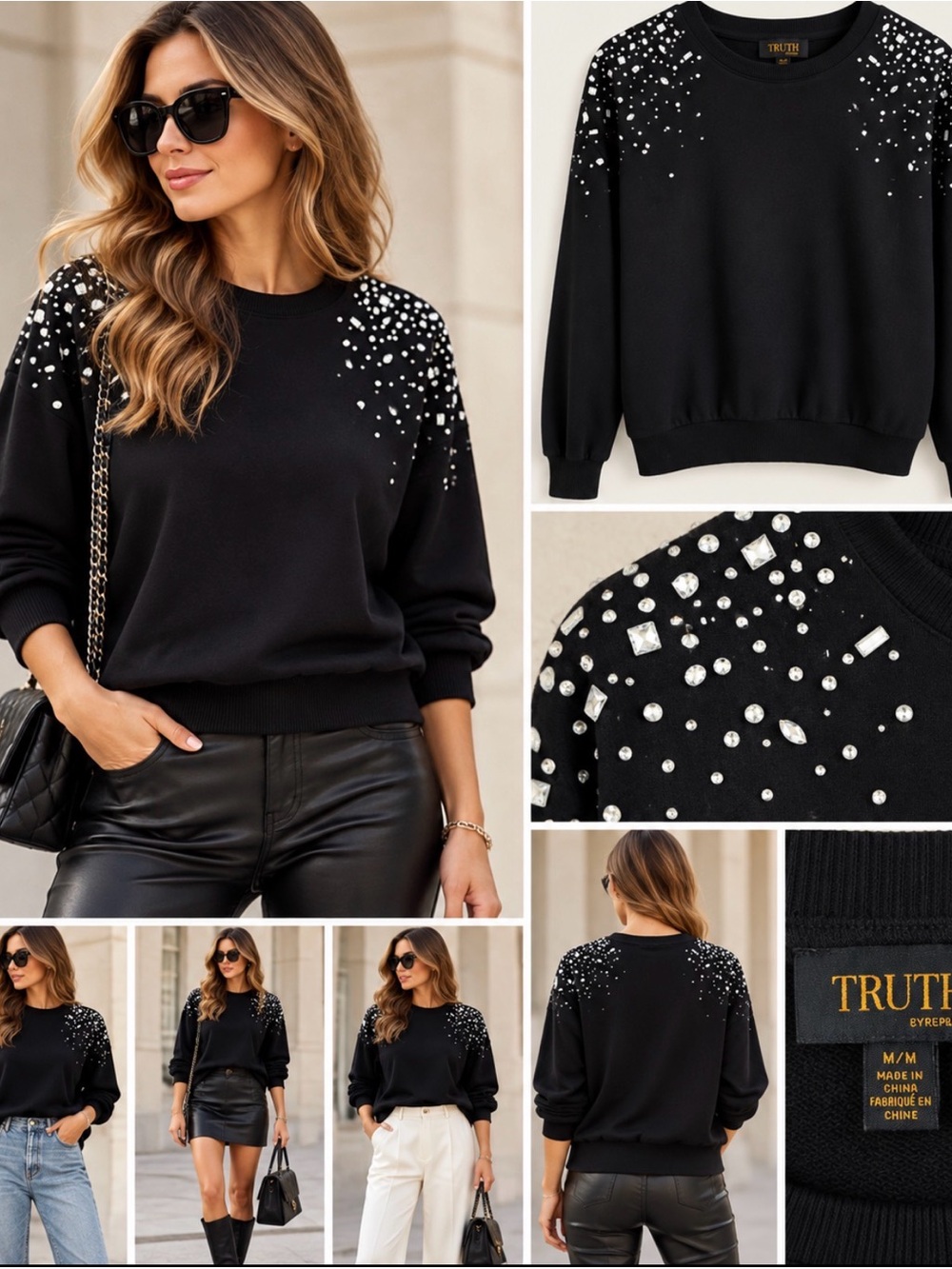 Truth Black Crewneck Sweater with Pearl & Crystal Shoulder Embellishments